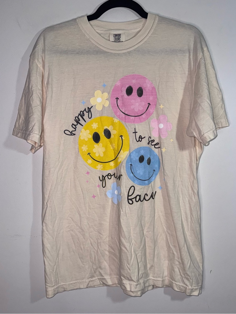 Comfort Colors Happy To See Your Face Smiley Floral Pastel Yellow T-Shirt Size M